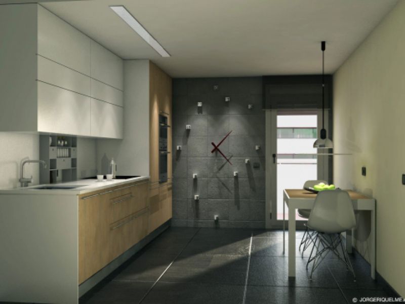 Infografía de cocina con suelo y pared con reloj grande en gris y pared derecha y muebles en blanco