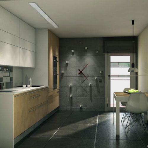 Infografía de cocina con suelo y pared con reloj grande en gris y pared derecha y muebles en blanco